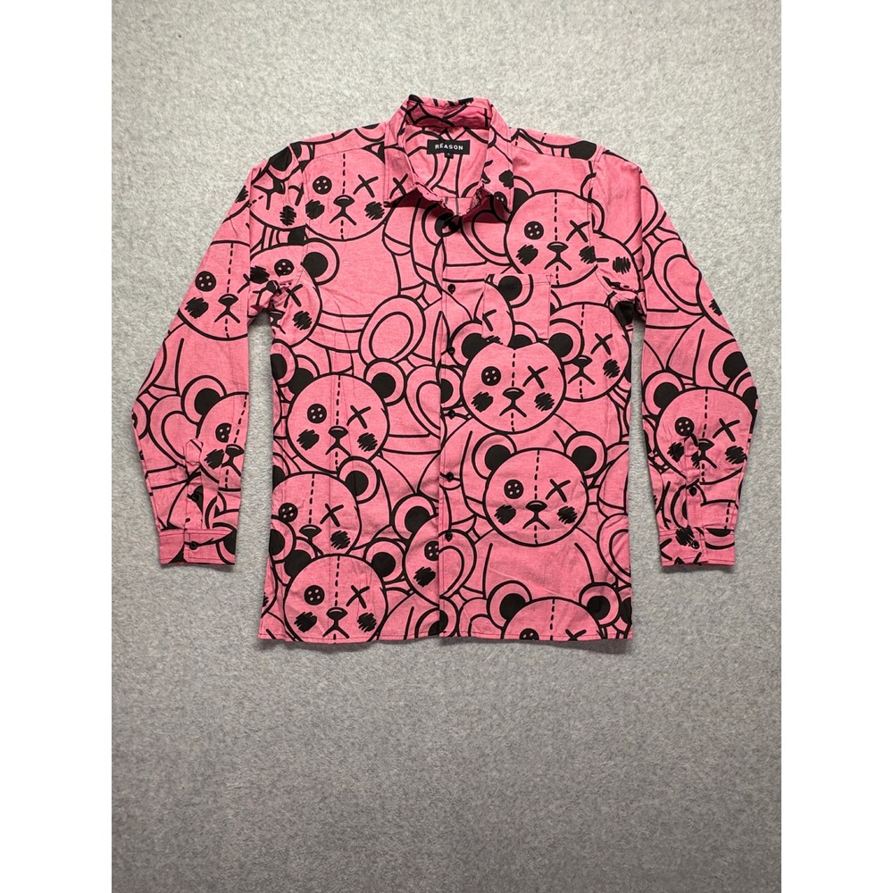 Reason Clothing Mens Pink Black Teddy Bear Graphic Button Down Shirt Large‎ L